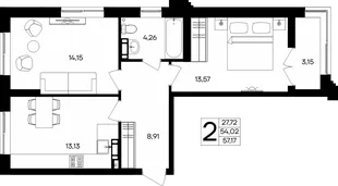 Планировка 2-комн. квартира, 57.17 м² ЖК «Семисчастье»