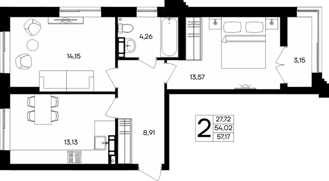 Планировка 2-комн. квартира, 57.17 м² ЖК «Семисчастье» Планировка 2-комн. квартира, 57.17 м² ЖК «Семисчастье»