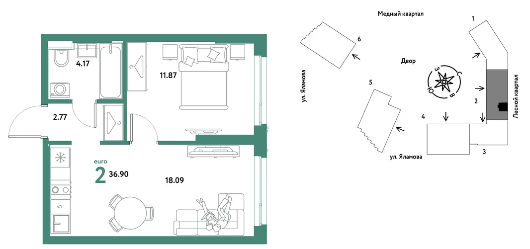 Планировка 2-комн. квартира, 36.9 м² ЖК «Сибирский сад»
