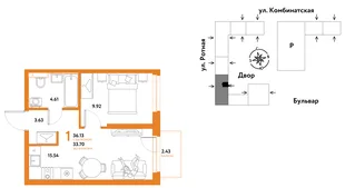 Планировка 1-комн. квартира, 35.77 м² ЖК «Уральский сад»