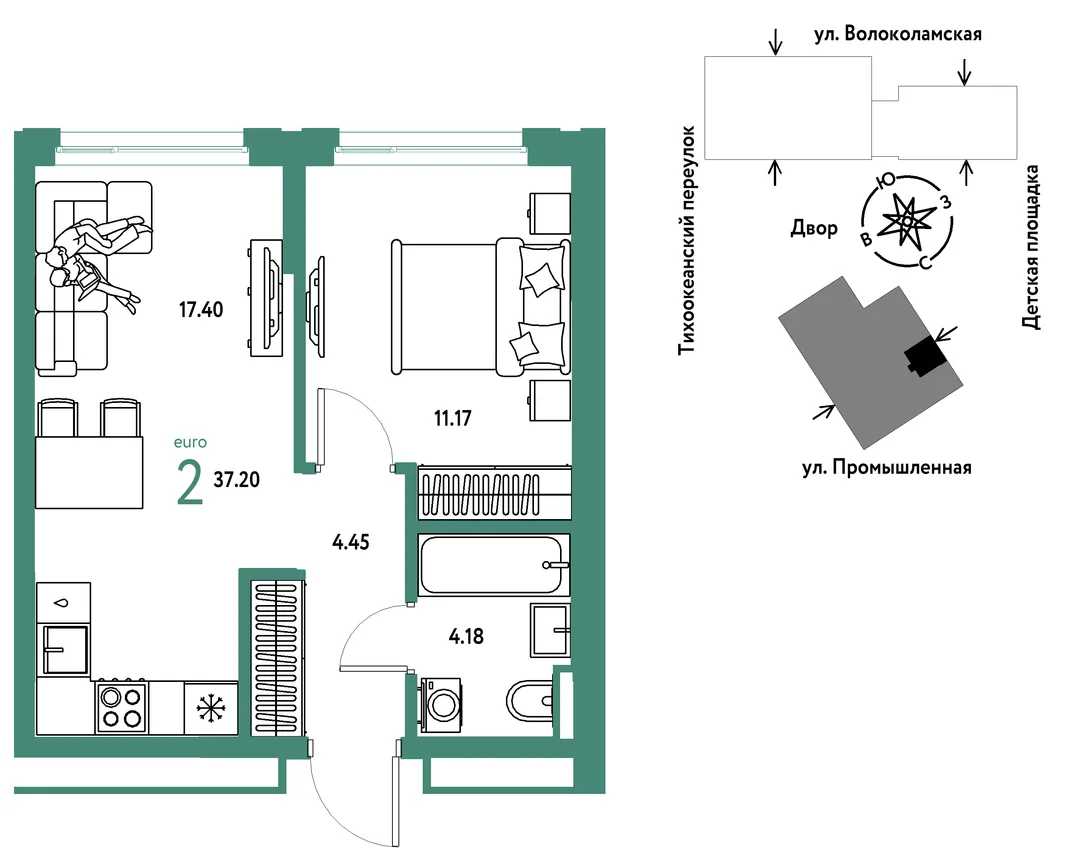 Планировка 2-комн. квартира, 37.2 м² ЖК «Страна Прибрежная»
