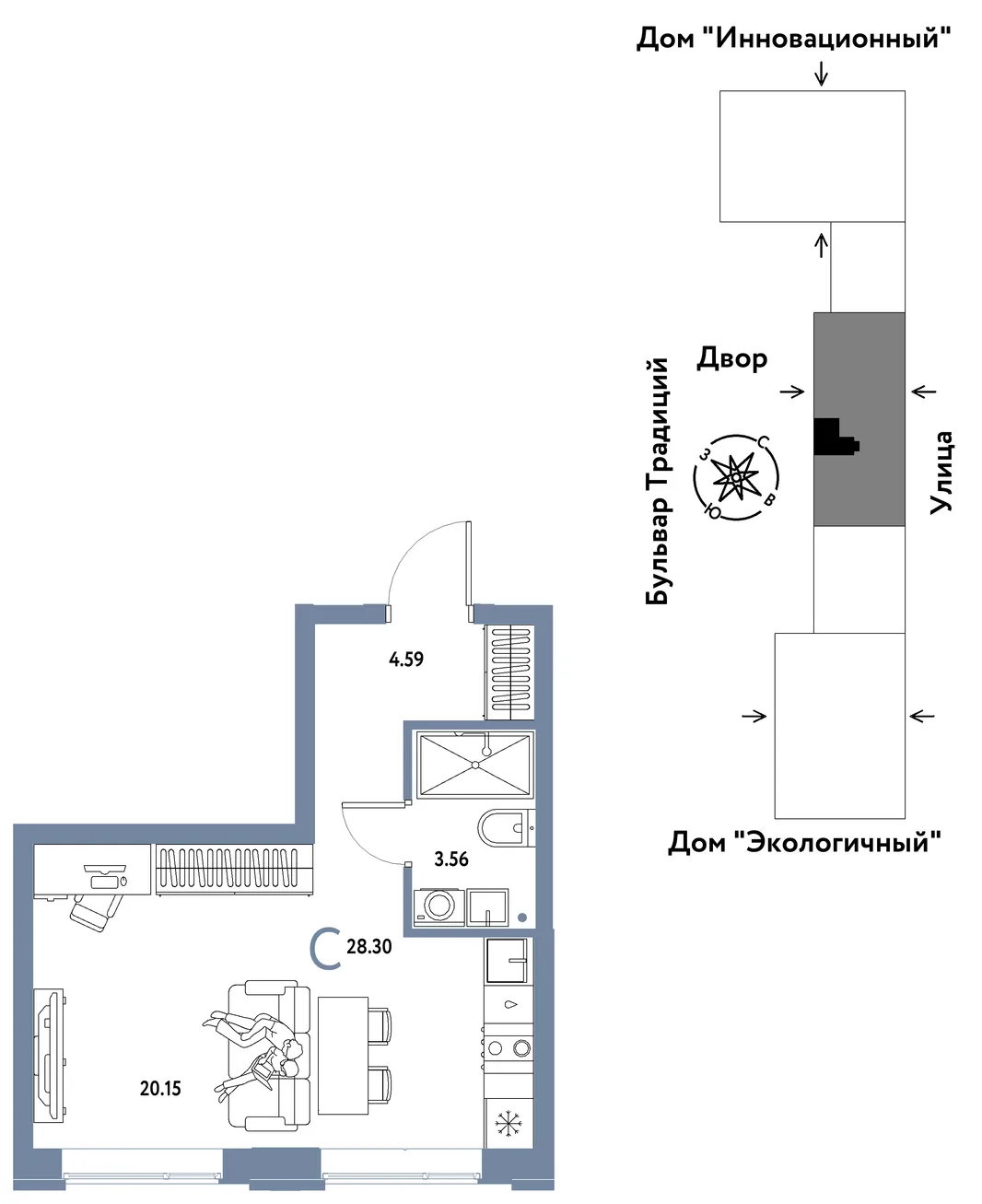 Планировка Студия, 28.3 м² ЖК «Микрорайон Домашний»