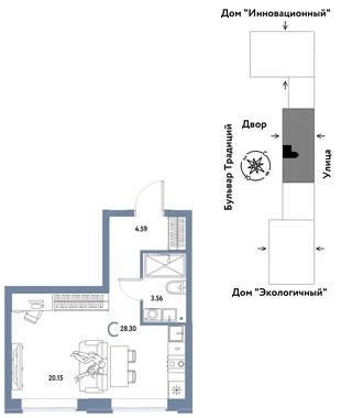 Планировка Студия, 28.3 м² ЖК «Микрорайон Домашний»