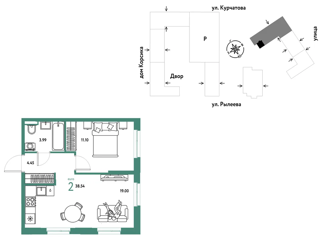 Планировка 2-комн. квартира, 38.72 м² ЖК «Остров-сад»