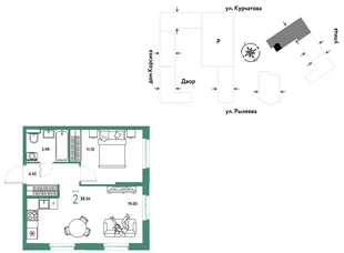Планировка 2-комн. квартира, 38.72 м² ЖК «Остров-сад»