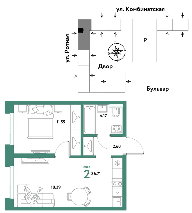 Планировка 2-комн. квартира, 36.71 м² ЖК «Уральский сад» Планировка 2-комн. квартира, 36.71 м² ЖК «Уральский сад»
