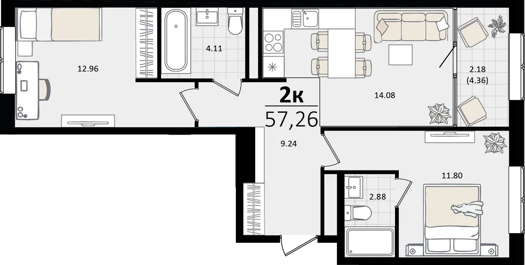 Планировка 2-комн. квартира, 57.26 м² ЖК «Патрики»