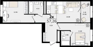 Планировка 2-комн. квартира, 57.26 м² ЖК «Патрики»