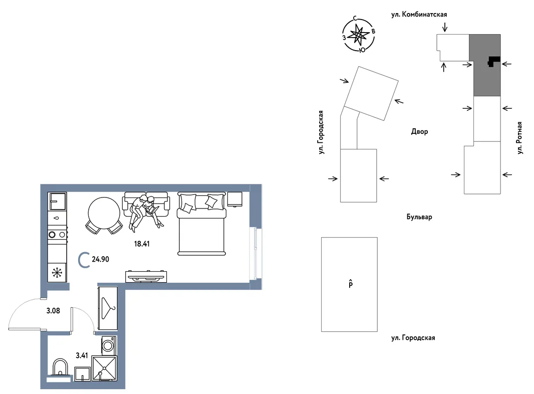 Планировка Студия, 24.9 м² ЖК «Уральский сад»