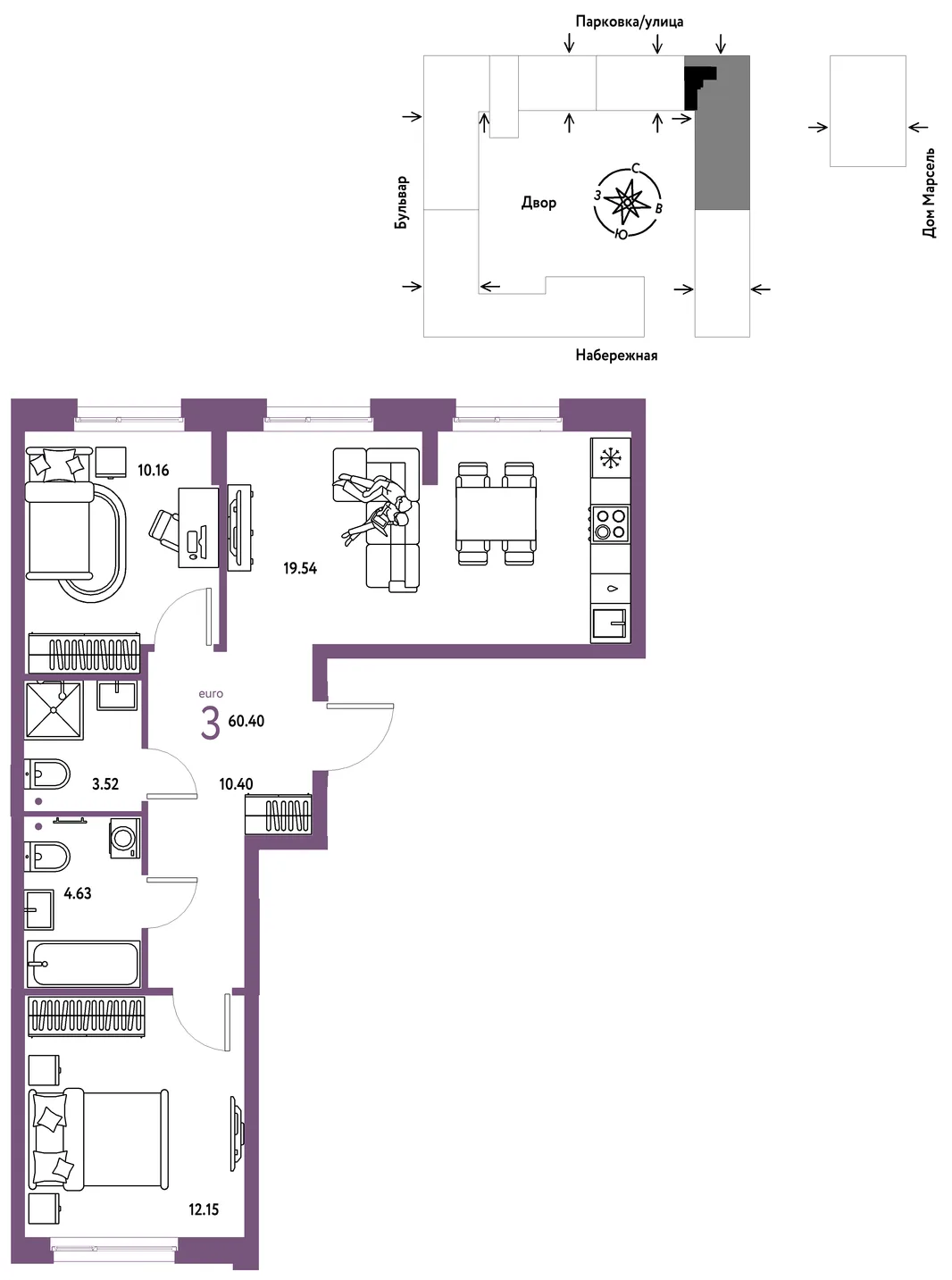 Планировка 3-комн. квартира, 60.4 м² ЖК «Европейский берег 2.0»