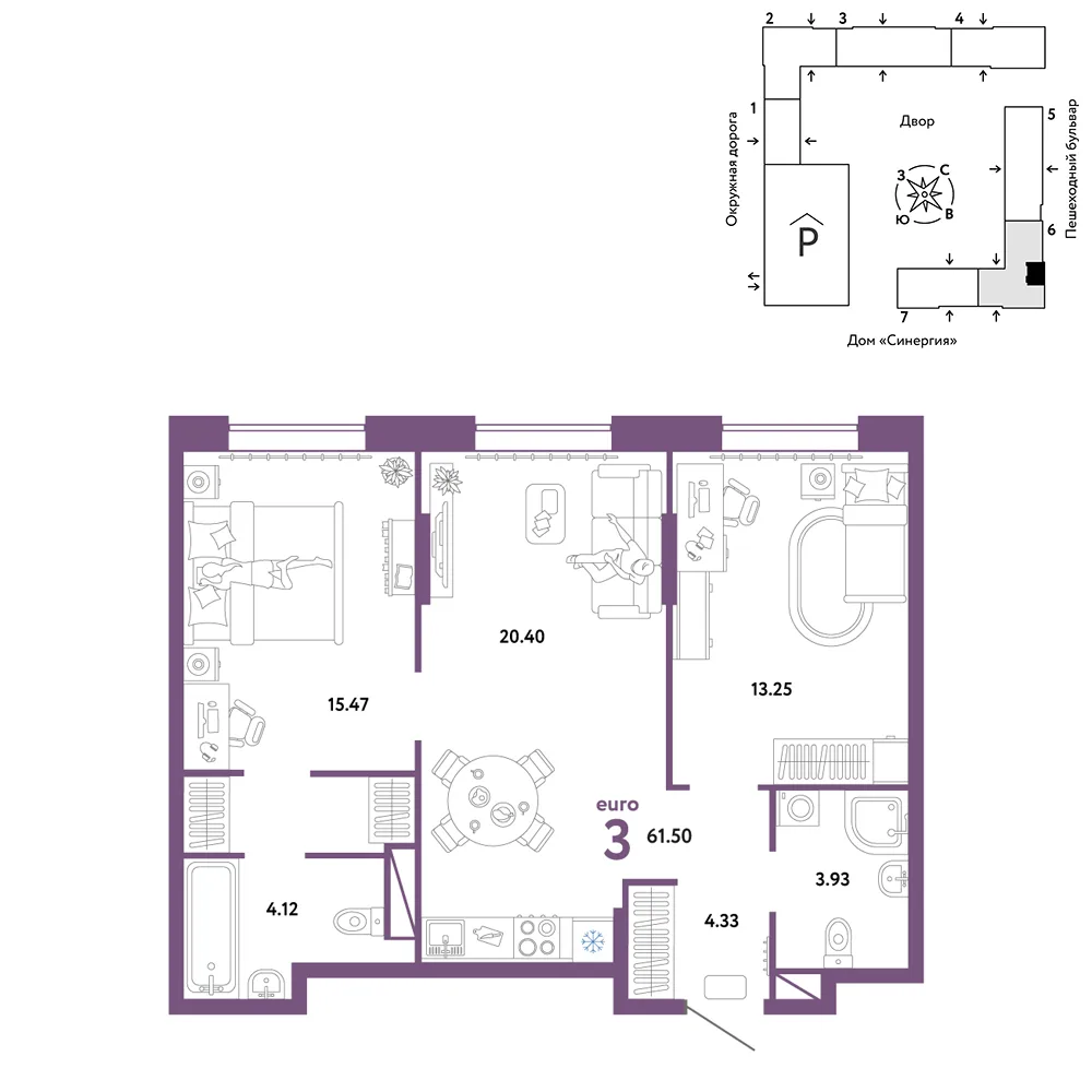 Планировка 3-комн. квартира, 61.5 м² ЖК «Юнион»