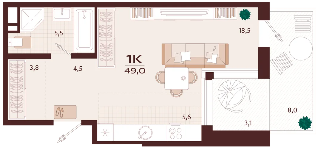 Планировка 1-комн. квартира, 49 м² ЖК «Роялта»