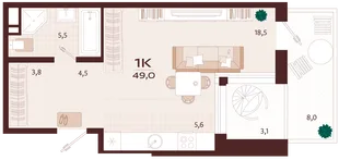 Планировка 1-комн. квартира, 49 м² ЖК «Роялта»