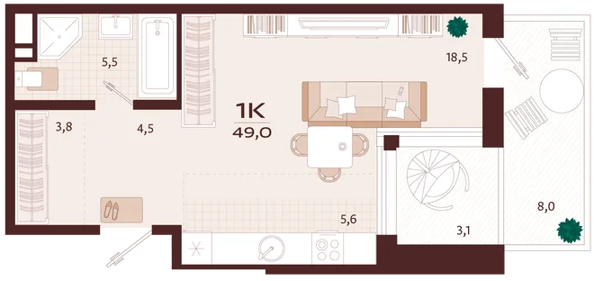 Планировка 1-комн. квартира, 49 м² ЖК «Роялта» Планировка 1-комн. квартира, 49 м² ЖК «Роялта»