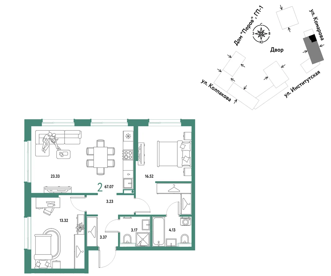 Планировка 2-комн. квартира, 67.07 м² ЖК «Страна.Парковая»