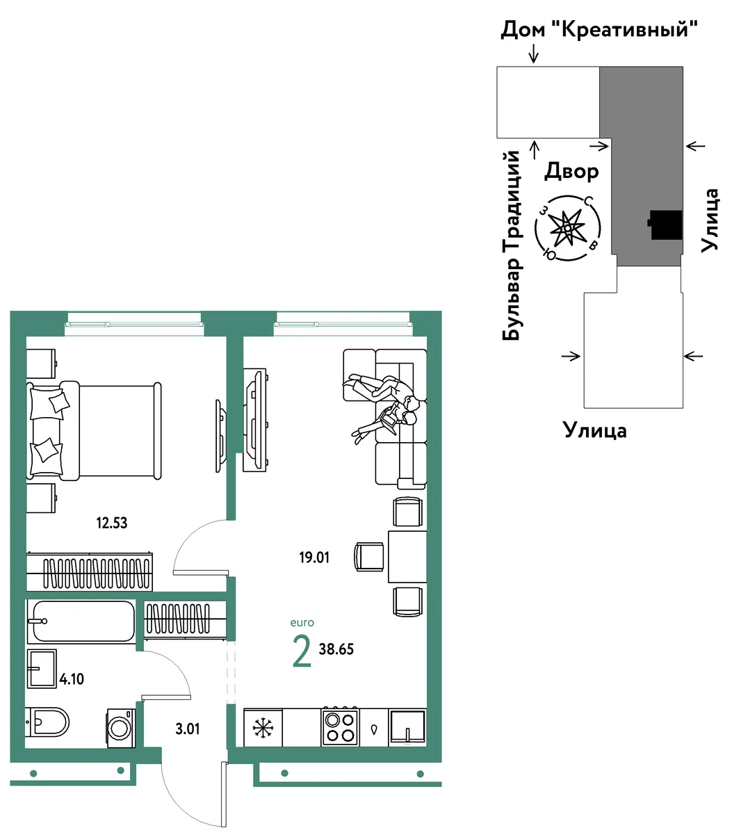 Планировка 2-комн. квартира, 38.65 м² ЖК «Микрорайон Домашний»
