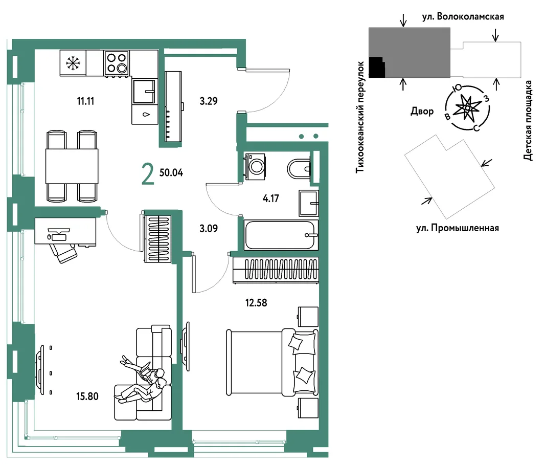 Планировка 2-комн. квартира, 50.04 м² ЖК «Страна Прибрежная»