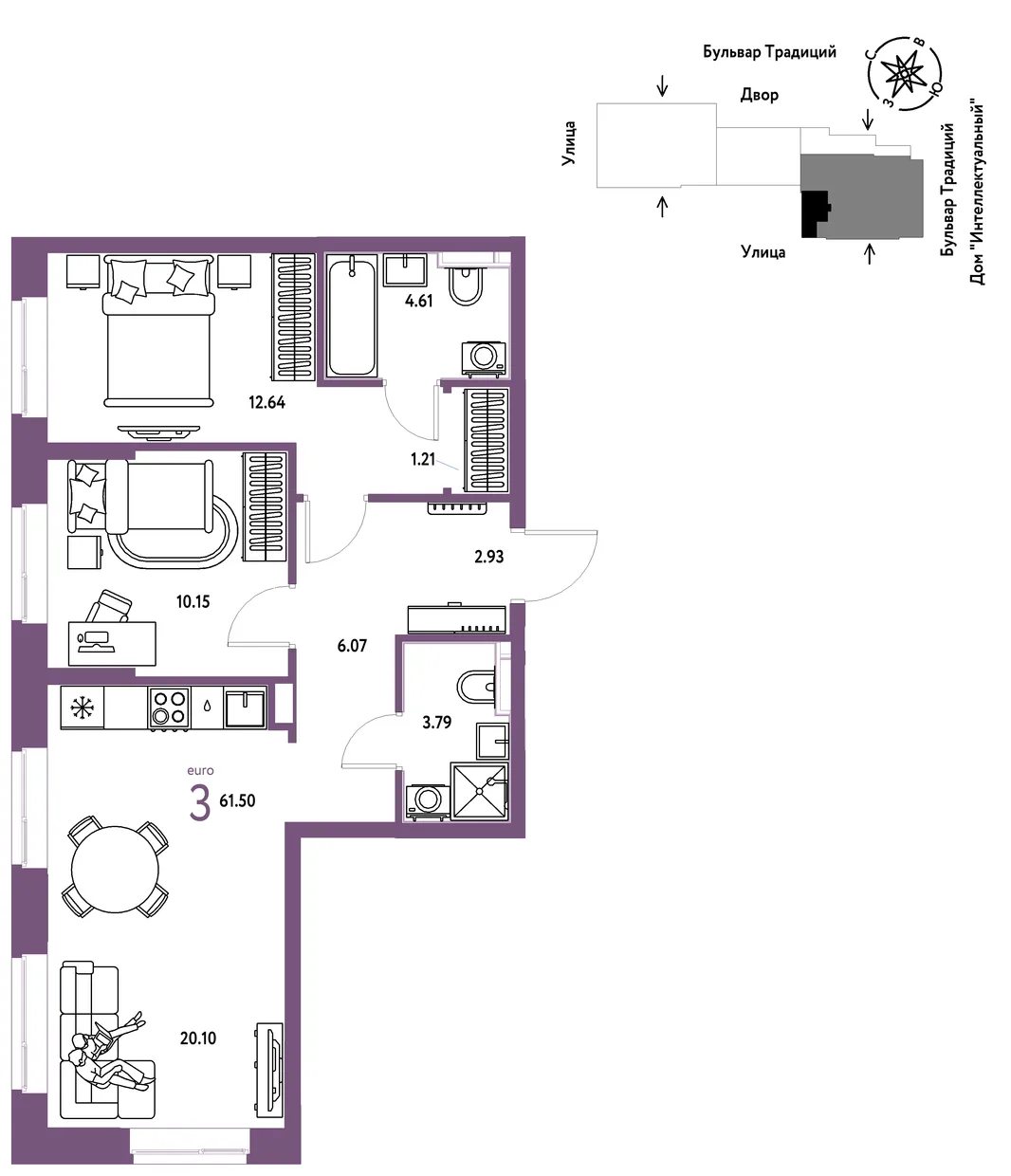 Планировка 3-комн. квартира, 61.5 м² ЖК «Микрорайон Домашний»