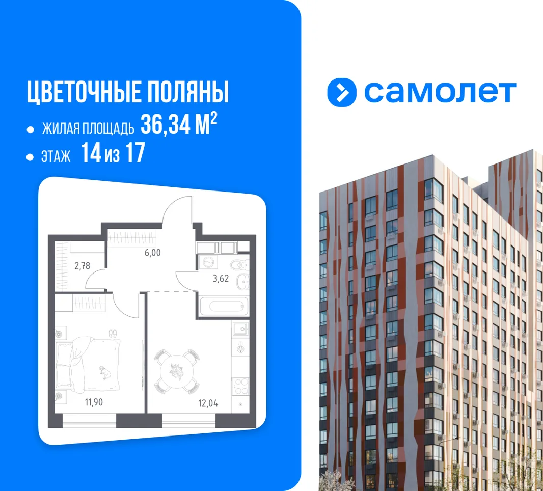 Планировка 1-комн. квартира, 36.34 м² ЖК «Цветочные поляны»