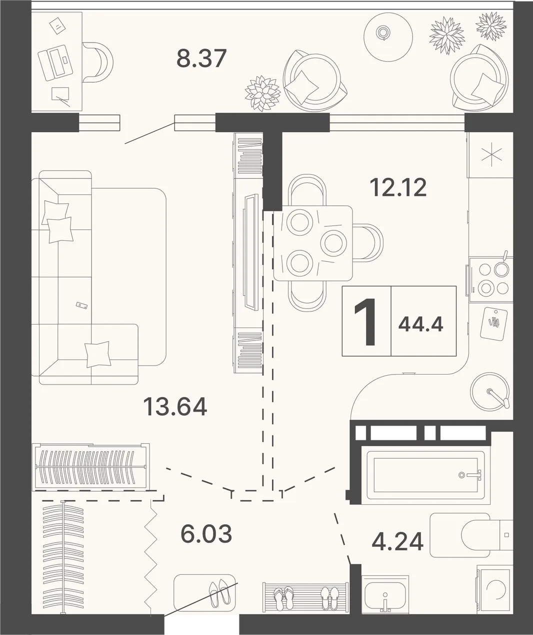 Планировка 1-комн. квартира, 44.4 м² ЖК «Светский лес»