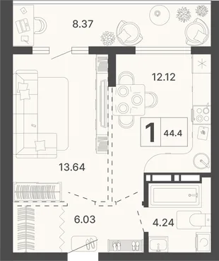 Планировка 1-комн. квартира, 44.4 м² ЖК «Светский лес»