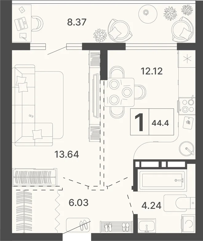Планировка 1-комн. квартира, 44.4 м² ЖК «Светский лес»