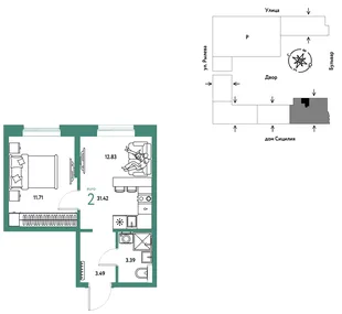 Планировка 2-комн. квартира, 31.42 м² ЖК «Остров-сад»