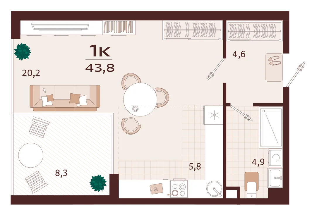 Планировка 1-комн. квартира, 43.8 м² ЖК «Роялта»