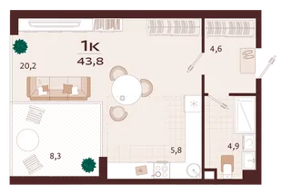 Планировка 1-комн. квартира, 43.8 м² ЖК «Роялта»