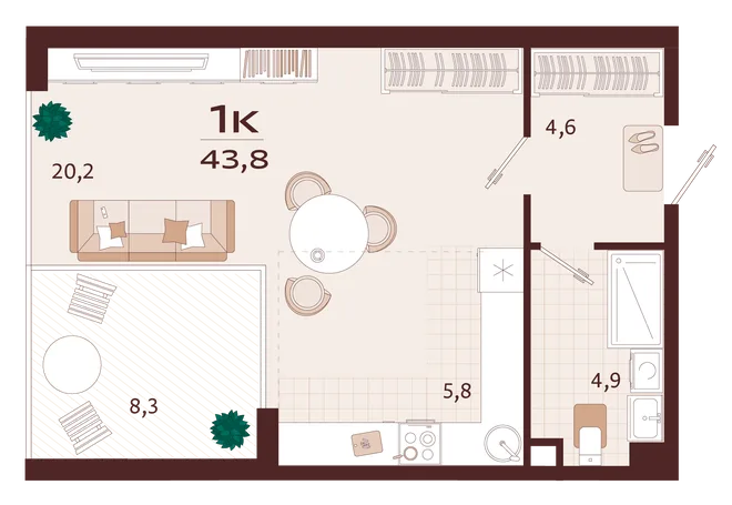 Планировка 1-комн. квартира, 43.8 м² ЖК «Роялта» Планировка 1-комн. квартира, 43.8 м² ЖК «Роялта»