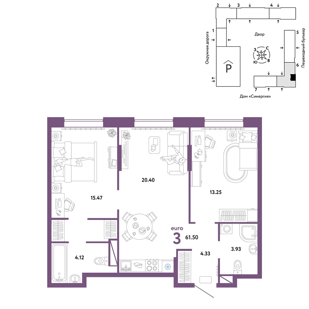 Планировка 3-комн. квартира, 61.5 м² ЖК «Юнион»