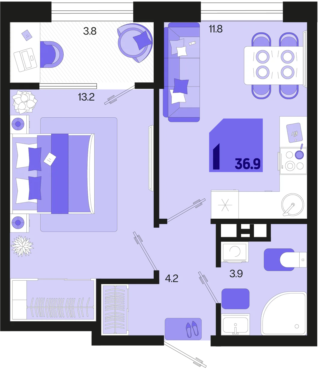 Планировка 1-комн. квартира, 36.9 м² ЖК «Первое место»