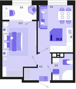 Планировка 1-комн. квартира, 36.9 м² ЖК «Первое место»