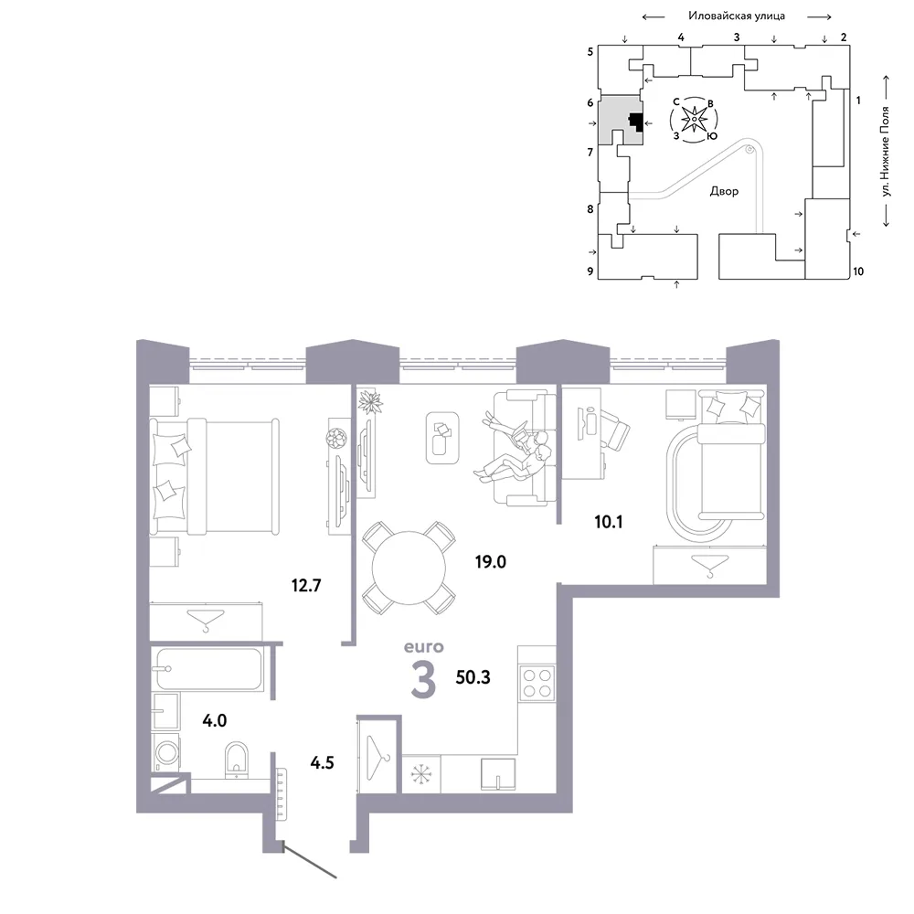 Планировка 3-комн. квартира, 50.3 м² ЖК «Страна.Заречная»