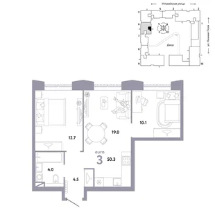 Планировка 3-комн. квартира, 50.3 м² ЖК «Страна.Заречная»