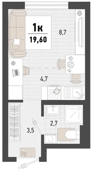 Планировка Студия, 19.6 м² ЖК «Барса»