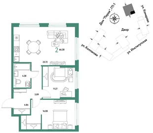 Планировка 2-комн. квартира, 66.38 м² ЖК «Страна.Парковая»