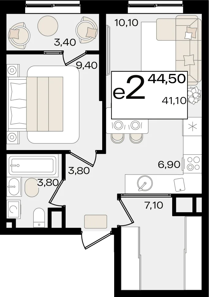 Планировка 2-комн. квартира, 44.5 м² ЖК «Патрики»