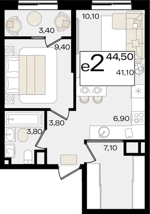 Планировка 2-комн. квартира, 44.5 м² ЖК «Патрики»
