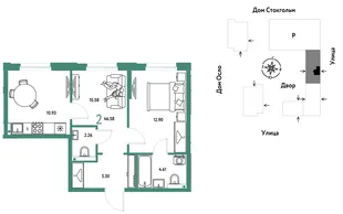 Планировка 2-комн. квартира, 46.58 м² ЖК «Европейский берег 2.0»