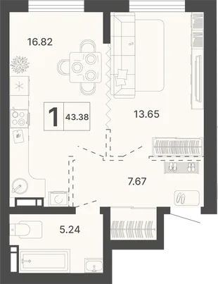 Планировка 1-комн. квартира, 43.38 м² ЖК «Светский лес»