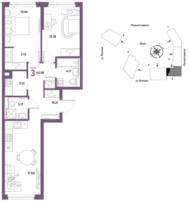 Планировка 3-комн. квартира, 63.58 м² ЖК «Сибирский сад» Планировка 3-комн. квартира, 63.58 м² ЖК «Сибирский сад»