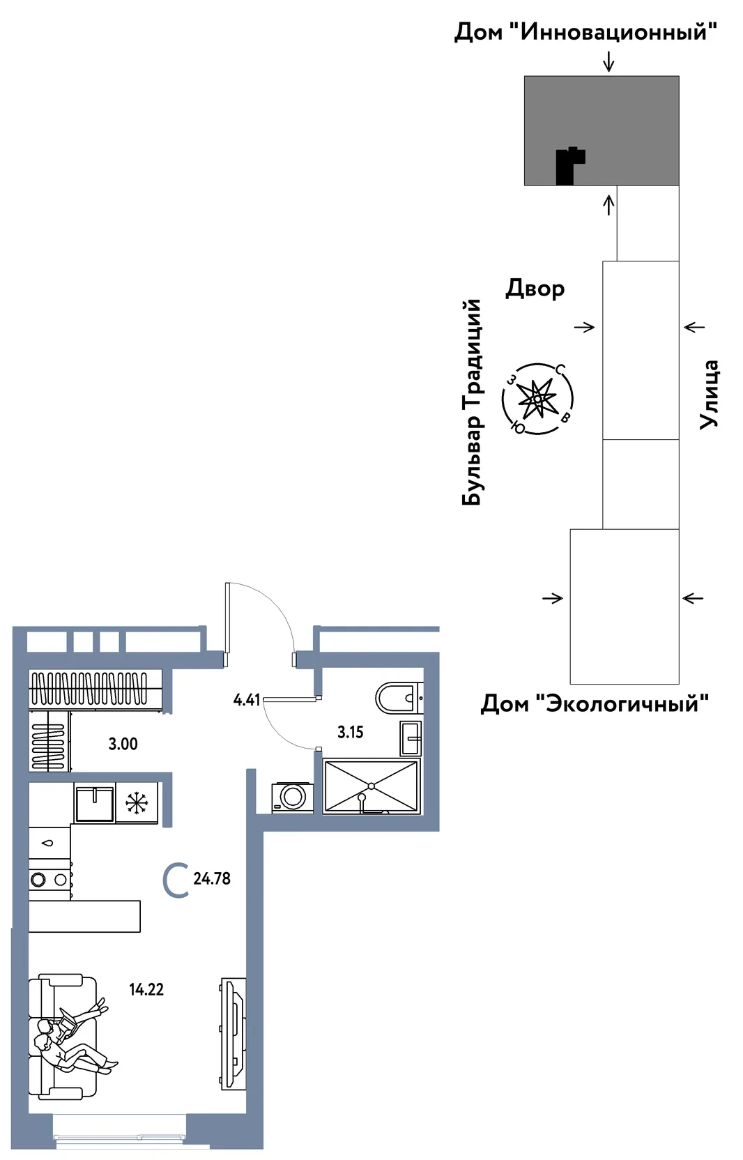 Планировка Студия, 24.78 м² ЖК «Микрорайон Домашний»
