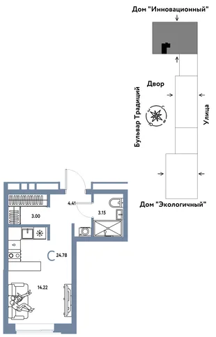 Планировка Студия, 24.78 м² ЖК «Микрорайон Домашний»