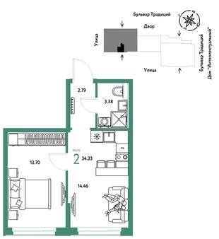 Планировка 2-комн. квартира, 34.33 м² ЖК «Микрорайон Домашний»