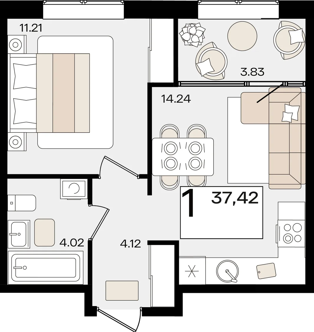 Планировка 1-комн. квартира, 37.42 м² ЖК «Патрики»