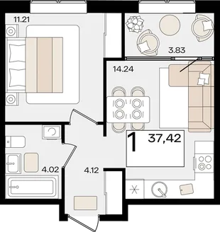 Планировка 1-комн. квартира, 37.42 м² ЖК «Патрики»