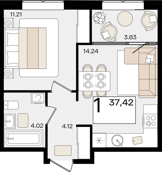 Планировка 1-комн. квартира, 37.42 м² ЖК «Патрики» Планировка 1-комн. квартира, 37.42 м² ЖК «Патрики»