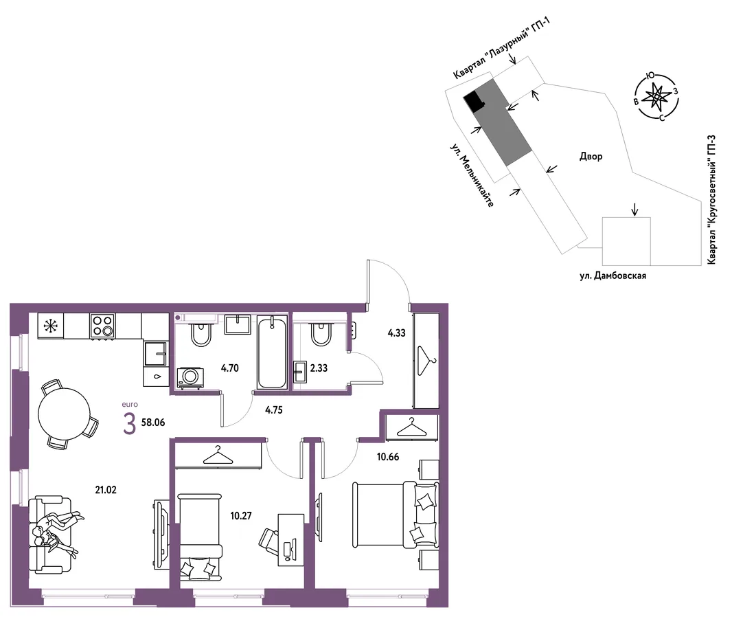 Планировка 3-комн. квартира, 58.06 м² ЖК «Страна Прибрежная»