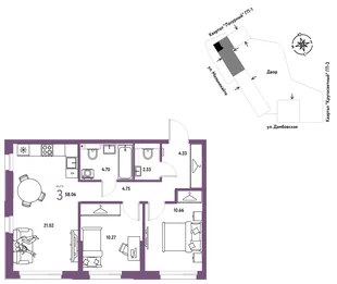 Планировка 3-комн. квартира, 58.06 м² ЖК «Страна Прибрежная»